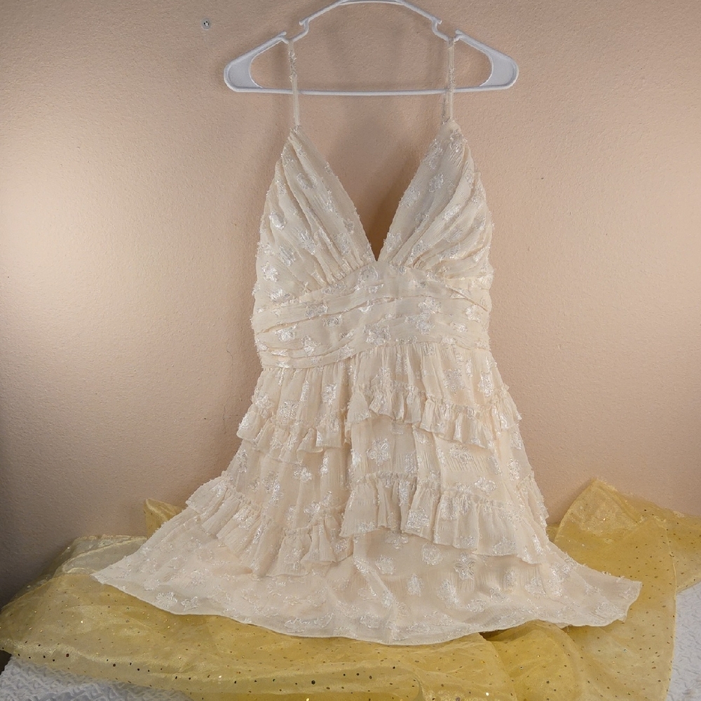 Ivory Ruffled Lace V-Neck Mini Cocktail Dress XL Classic FAIRYCORE